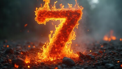 Fiery number seven glowing on rocky ground at twilight