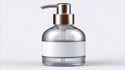 Clear glass pump bottle with chrome dispenser and label for hand soap lotion or sanitizer use