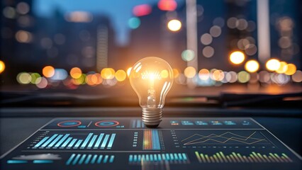 Glowing light bulb illuminates futuristic data display with city bokeh background