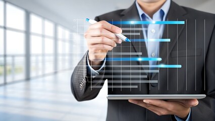 Businessman analyzing financial data with a futuristic holographic chart