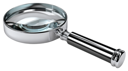 Magnifying Glass - Focus on Details: A close-up shot of a classic magnifying glass with a reflective metal frame and a clear lens, offering a lens on detail. 