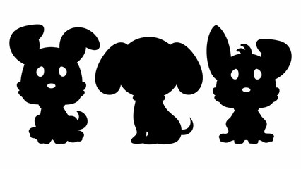 Three cartoon dog silhouettes in a row with different ear styles and tail positions in black and white | editable eps vectors