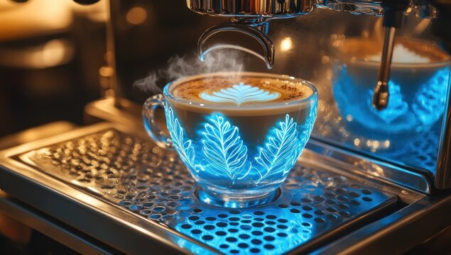 Steaming cappuccino in an artistic glass cup with blue leaves design - Powered by Adobe