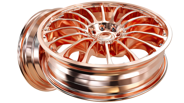 Golden Alloy Wheel's Reflection: A striking pair of radiant, polished alloy wheels gleam, their metallic surface reflecting a world of precision, design, and automotive elegance. 