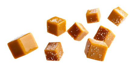 Caramel candy cubes with sugar crystals suspended in air, cut out transparent