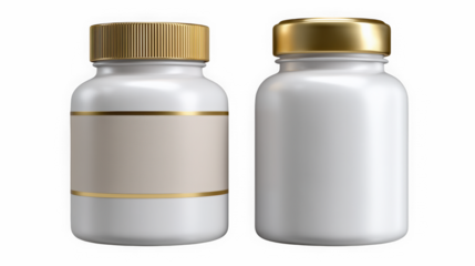 Pair of white supplement bottles with golden caps one with label and one blank isolated on white background