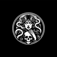 Medusa with skull and snake stylized monochrome vector illustration in a circle.