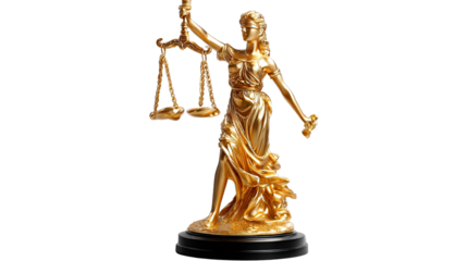 Golden Lady Justice: A stately golden statue of Lady Justice, blindfolded and holding scales and a sword, representing fairness and the legal system.