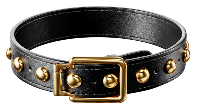 Stylish dog collar: A sleek black leather dog collar adorned with golden studs and buckle, exuding luxury and sophistication, perfect for pet owners with refined taste.