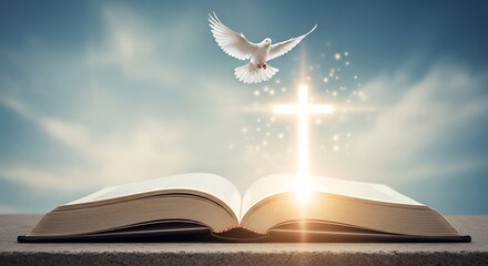 Symbolic representation featuring a bible open with bright cross and a white dove