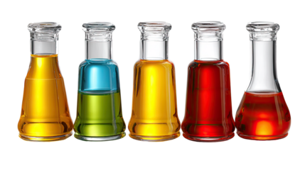 Colorful Solutions in Glass: An array of scientific flasks showcase vibrant solutions, each bottle a testament to the beauty and complexity of chemical discovery.