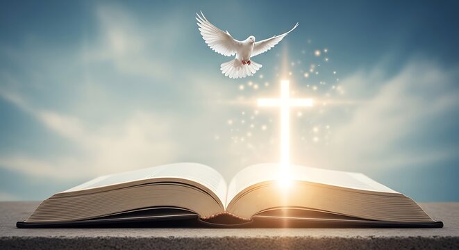 Symbolic representation featuring a bible open with bright cross and a white dove