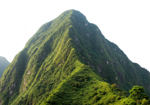 Lush green mountain peak with dense vegetation and clear sky isolated on transparent background - Powered by Adobe