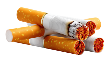 Smoldering Stacks of Tobacco: A close-up shot captures a collection of lit and unlit cigarettes. Emphasizing the texture of tobacco and ash. Highlighting the dangerous allure of a habit.