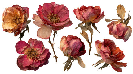 Collection of Seven Dried Rose Blossoms with Wilting Petals and Stems, cut out transparent