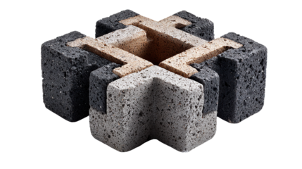 Geometric Brick Design: Captivating shot showcasing an interlocked stone brick structure, blending geometrical precision and architectural ingenuity.