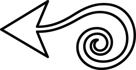 Stylized arrow pointing left with a spiral tail isolated on white background, representing a unique direction or a creative navigation path