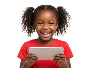 Happy young girl with pigtails using a tablet isolated on transparent background