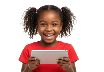 Happy young girl with pigtails using a tablet isolated on transparent background