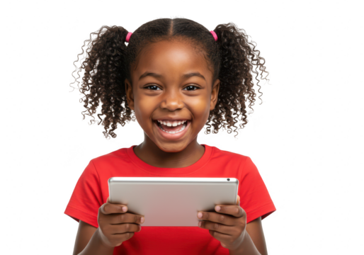 Happy young girl with pigtails using a tablet isolated on transparent background - Powered by Adobe