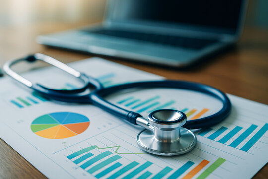 Insurance coverage policy strategy shown with stethoscope and chart on desk in office setting