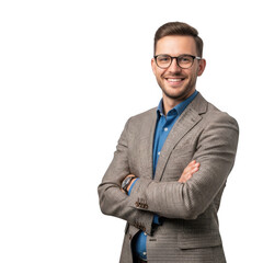 Smiling businessman wearing glasses and a plaid jacket isolated on transparent background