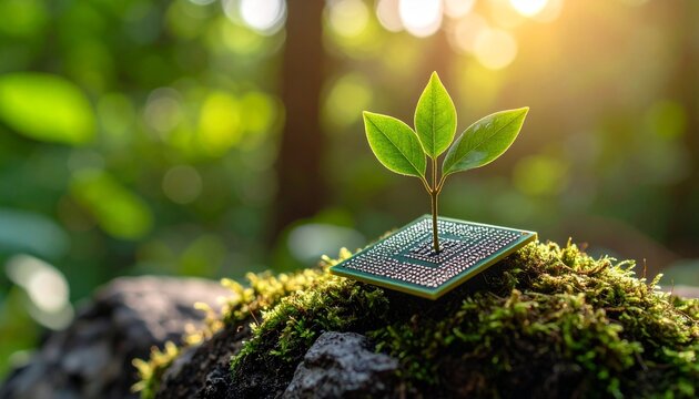 Innovative technology meets nature with a vibrant green sprout growing from a circuit board on mossy ground