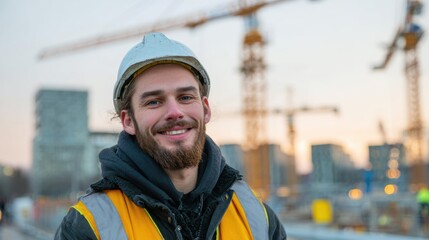 Fototapeta premium A smiling construction worker in a safety helmet stands confidently at a construction site during sunset.