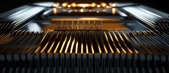 Detailed View of a Computer Cooling System Heatsink with golden Light