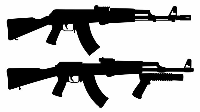 Silhouette depiction showcasing two ak 47 rifles with distinct features and configurations shown clearly | editable eps vectors