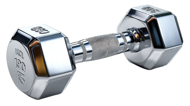 Polished Strength: An isolated shot of a single, gleaming dumbbell that exudes the essence of fitness and strength, ready to sculpt and define the body.