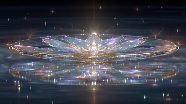 Sparkling crystal lotus on water, starlit night