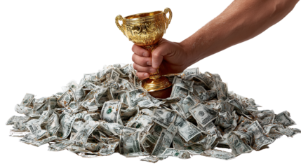 Golden Trophy Above Currency: A golden trophy held above a massive pile of United States currency, symbolizing the pinnacle of financial success and reward.