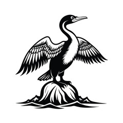 Obraz premium Elegant line art illustration of a cormorant drying its wings while perched on a textured rock against a clean white background