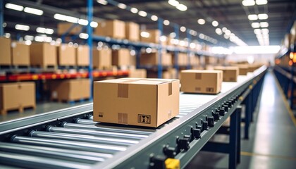 Boxes shipping on conveyor belt, demonstrating efficient warehouse distribution and modern logistics solutions