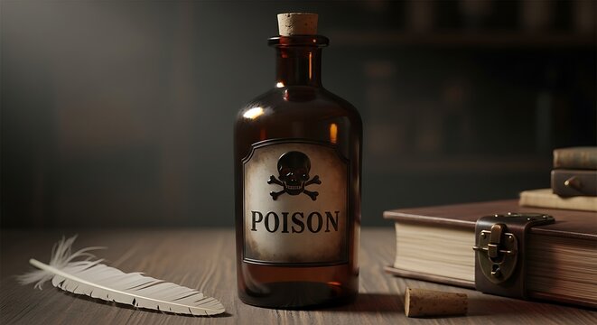 Vintage poison bottle with skull label adjacent to quill and bound books composition