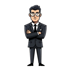 Obraz premium Cartoon businessman with arms crossed wearing glasses isolated on transparent background