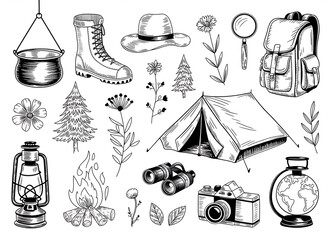 Vintage camping and outdoor adventure sketch collection