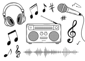 Hand drawn music elements featuring headphones microphone boombox and notes