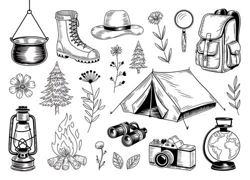 Vintage camping and outdoor adventure sketch collection