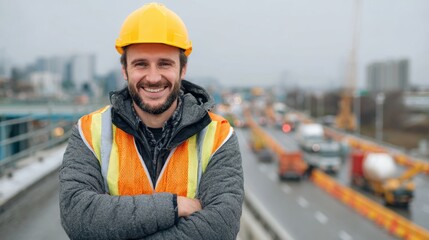 Obraz premium A smiling construction worker wearing a hard hat and safety vest stands confidently on a busy urban highway.