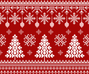 Christmas Crosstich ethnic embroidery, festive, traditional, celebration pixel art style pattern design.