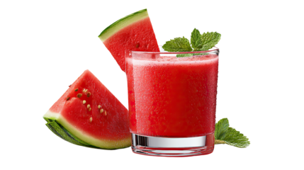 Refreshing Watermelon Bliss: A vibrant glass of freshly blended watermelon juice, adorned with sprigs of mint and slices of juicy watermelon, offers a tantalizing glimpse of summer. 