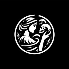 Woman Skull and Serpent Symbolism in a Circular Design.