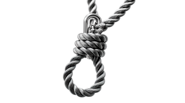 Knot of Despair: A stark, monochromatic image of a noose, the coiled rope a symbol of finality and dread, hangs suspended, evoking a sense of ominous tension and the weight of unspoken anxieties.