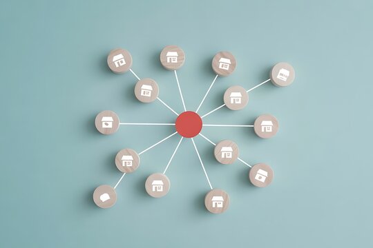Network of homes connected to central hub, representing real estate, community, or business concepts