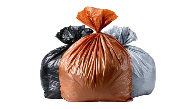 Waste Management Trio: A collection of sealed garbage bags, a visual representation of responsible waste disposal, each a different color, presenting an organized system.