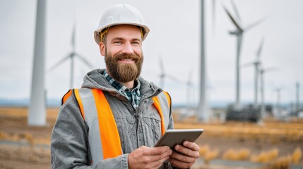 A smiling engineer in a hard hat, using a tablet at a wind farm site, showcasing renewable energy technology.