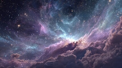 Fototapeta premium Digital wallpaper showcasing a detailed space scene with galaxies, stars, and nebulae glowing in bright purples, blues, and pinks, ideal for cosmic-themed designs and wallpapers.