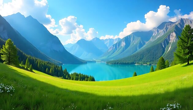 Breathtaking mountain lake view with lush green meadow and serene sky